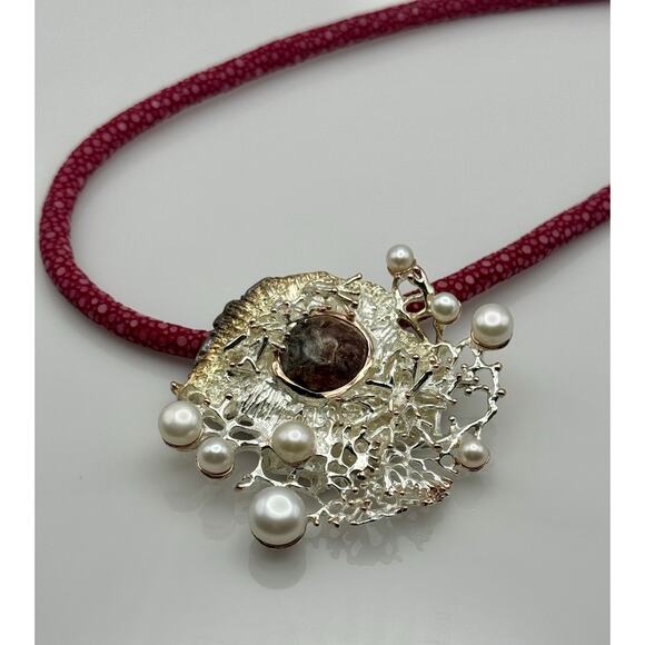 Hessonite Garnet Sterling Silver Natural Drop Cast Pendant Handmade With Pearls